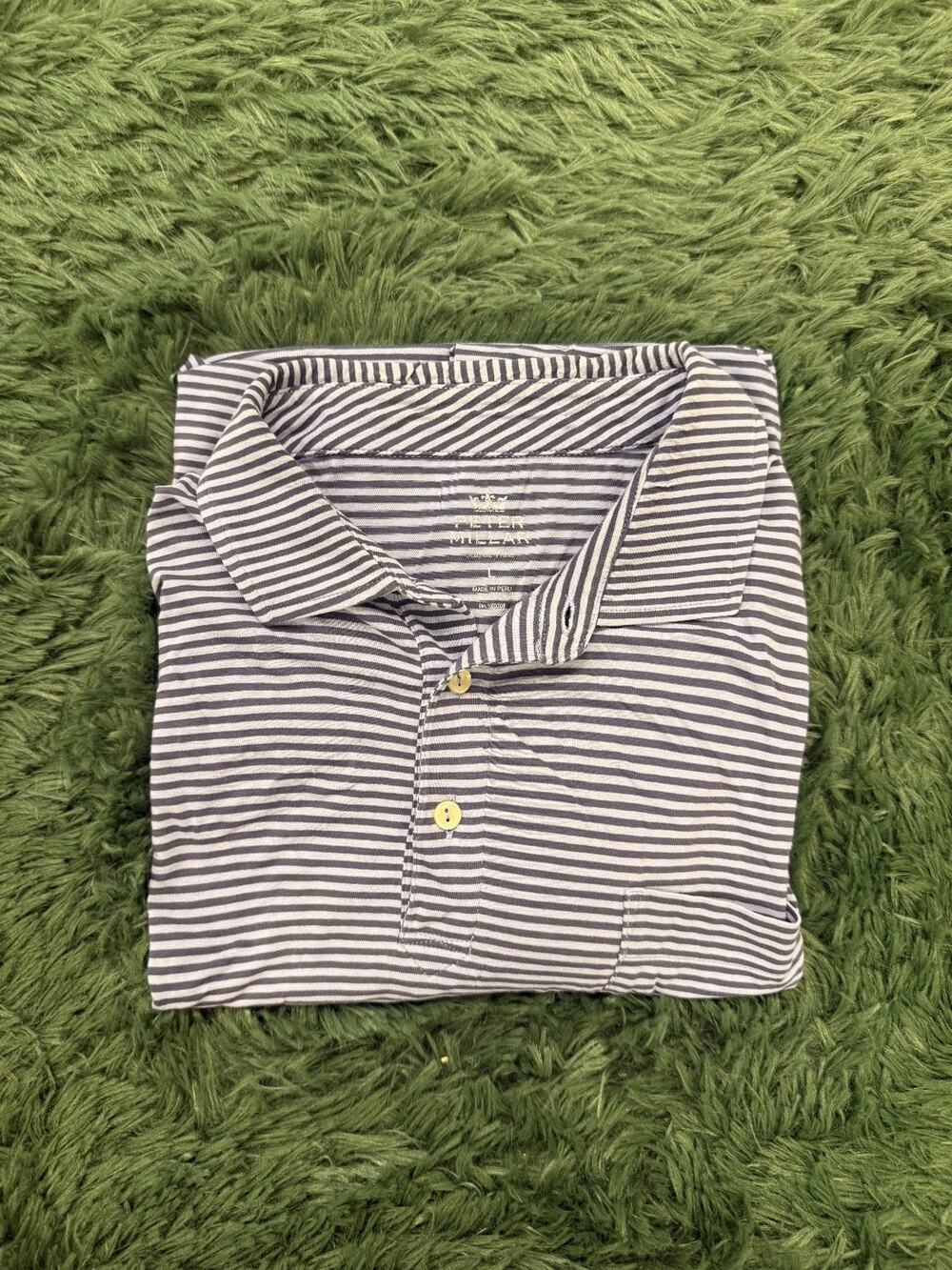 Peter Millar Men's L Blue Striped Performance Polo Shirt Cotton Blend Golf Peru